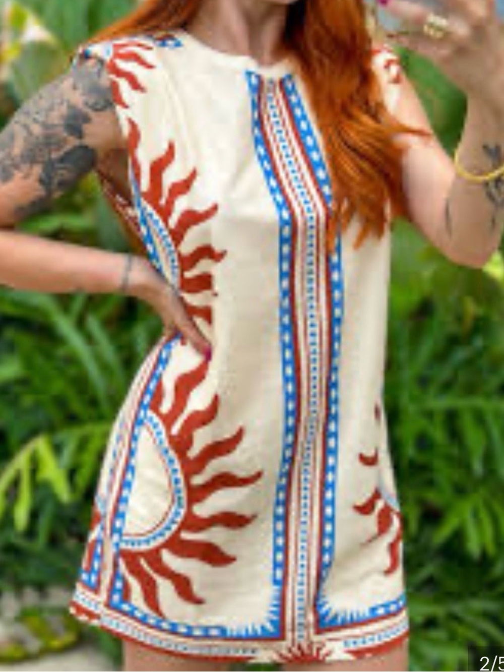 FARM Rio Cream Mini Dress with Red Sun Motif and Blue Trim